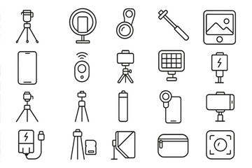 Photography equipment and accessories arranged in a grid with various tools for capturing images digitally or manually