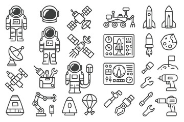 Collection of space exploration icons featuring astronauts, rockets, and technology in a minimalist design