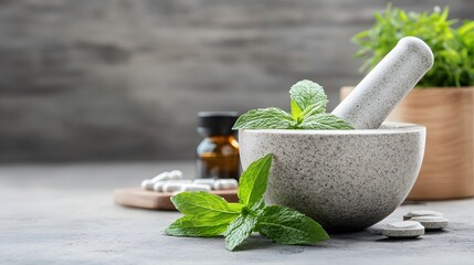Mint Leaves in Stone Mortar with Pestle, Pills, and Herbal Remed
