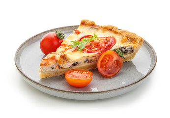 Plate with piece of delicious tomato tart on white background