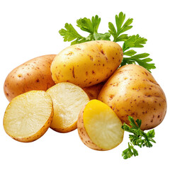 Fresh Raw Potatoes with Bright Yellow Flesh Surrounded by Green Herbs and Fresh Leaves on a White Background transparent background, png