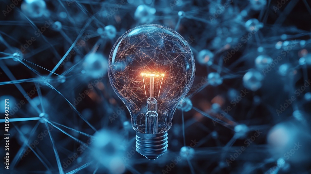 Poster brilliant illuminated lightbulb network connection abstract technology digital art background image 