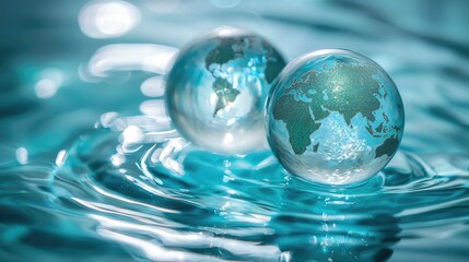 Two miniature globes resting on rippling water.