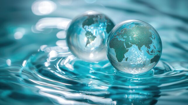 Two miniature globes resting on rippling water.