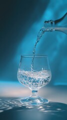 Transparent liquid from a bottle gracefully cascades into an elegant glass with a blue background