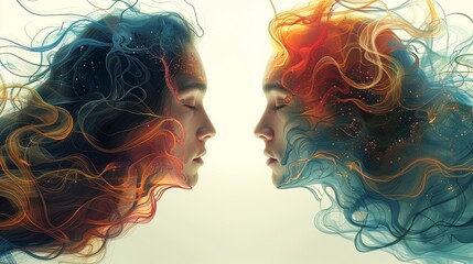 Captivating portrait of two figures merging with colorful flowing hair in a surreal artistic representation