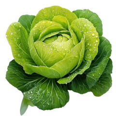 Fototapeta premium Fresh Green Cabbage with Water Drops on Leaves in Bright Light Displaying Natural Vegetation and Organic Farming Concepts transparent background, png