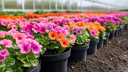 Colorful Primula Flowers in Pots Greenhouse Display of Blossoming Spring.