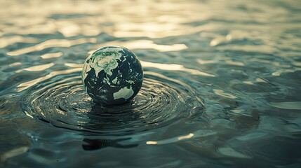 Earth model resting gently on rippled water.