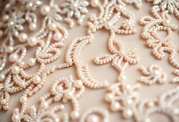 close up of a lace with pearls on it