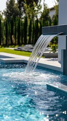 Water elegantly cascades from a modern waterfall feature into the sparkling, inviting blue pool
