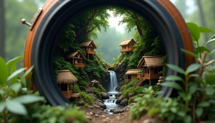 Jungle village through a camera lens frame