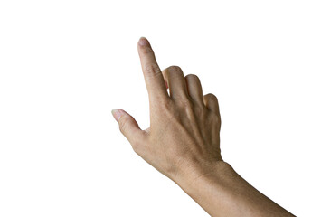 Woman index finger reaching up to touch, point or click. Isolated on transparent background.