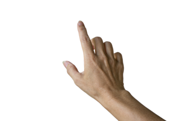 Woman index finger reaching up to touch, point or click. Isolated on transparent background.
