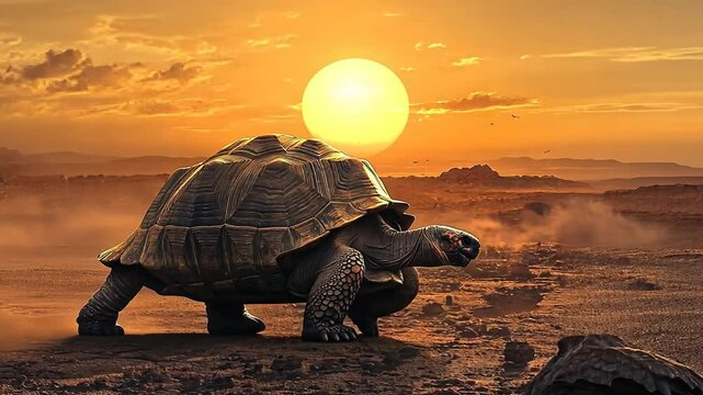 Majestic tortoise traverses arid landscape under golden sun, symbolizing resilience and longevity