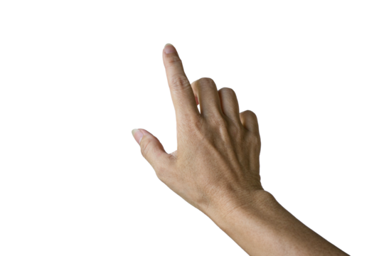 Woman index finger reaching up to touch, point or click. Isolated on transparent background.