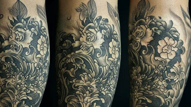 Detailed black and grey floral tattoo on leg, studio shot