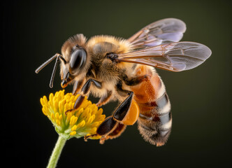 A macro photograph of a honey bee in sharp detail against a pure black background .