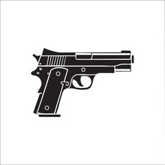 Fototapeta premium black silhouette of a handgun rests on a white background.