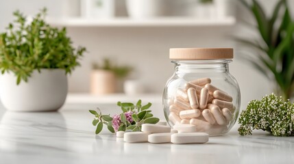 Natural Supplements in a Glass Jar with Herbs on a Marble Surfac