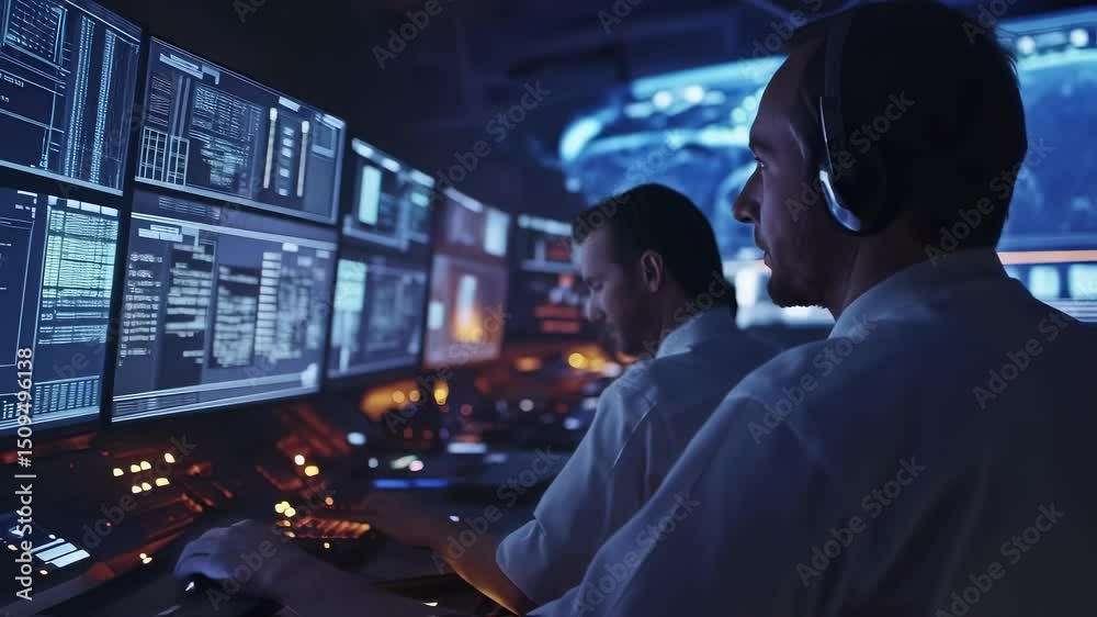 Poster two flight controllers wearing headsets are working at their desks, monitoring data on computer scre