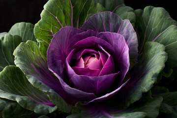 Fototapeta premium Purple cabbage with vibrant green leaves in close-up shot