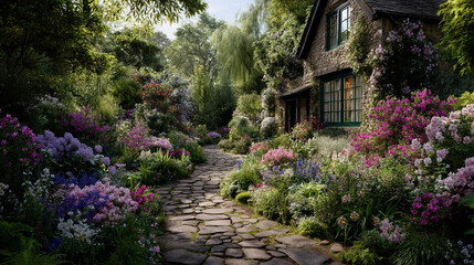 Charming garden pathway leading to a quaint stone cottage