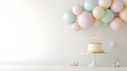 Pastel Balloons and Birthday Cake Scene