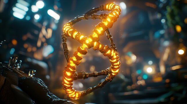 DNA double helix model glowing in a futuristic biotech lab - Powered by Adobe