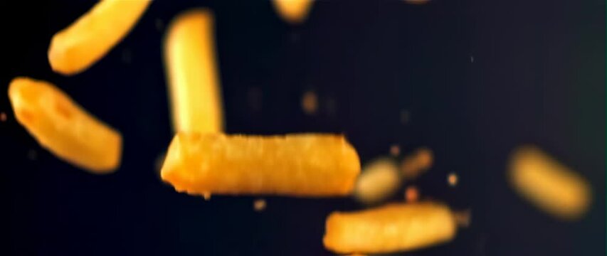 Anamorphic video Delicious french fries, floating in the air