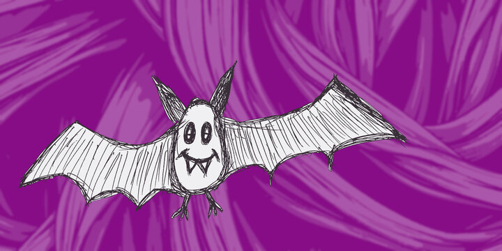 Children's drawing of a bat on a purple abstract background.