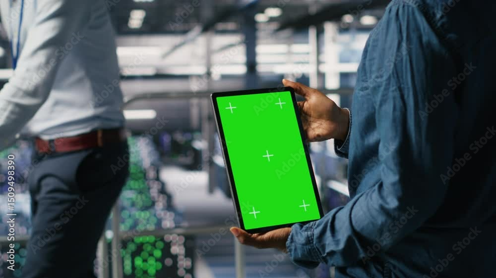 Poster data center engineers monitoring neural network llm visualization using green screen tablet. server 