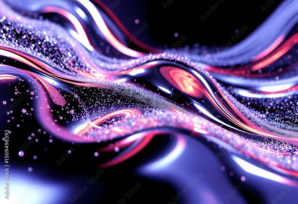 Leinwandbilder Abstract Metallic Design With Chrome Effect, A Swirling Particle Arrangement. Shiny Liquid Forms A Textured Surface. Light Reflects And Shimmers On The Metal, Creating Depth And Movement.