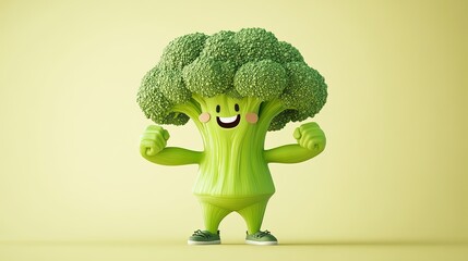 Muscular broccoli flexing its arms on green background