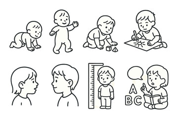 Child development outline icons set – silhouette, educational and growth symbols