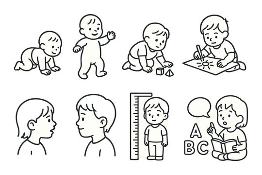 Child development outline icons set – silhouette, educational and growth symbols