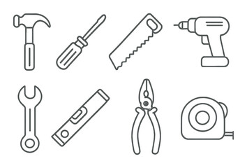 Fototapeta premium Construction tools linear icons set - outline, handyman and repair tools symbols