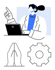 Person wearing a headset and using laptop, finger raised to indicate a point. Includes prayer hands and gear outline representing teamwork, faith, technology, and problem-solving. Ideal for service