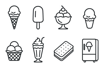 Ice cream linear icons set – outline, dessert and frozen treat graphics