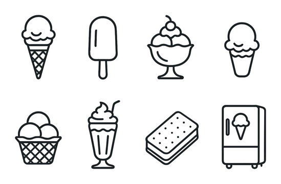 Ice cream linear icons set – outline, dessert and frozen treat graphics