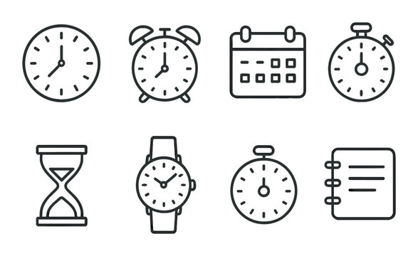 Time and date linear icons set – clocks, calendars and scheduling symbols