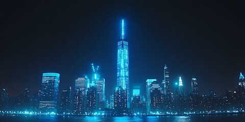City skyline at night, illuminated blue