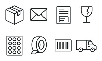 Delivery and shipping outline icons set – transport, logistics, and courier symbols