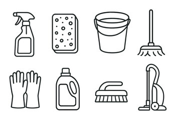 Cleaning tools linear icons set – outline, hygiene and sanitation visuals