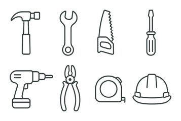 Construction tools linear icons set – outline, building and tool design symbols