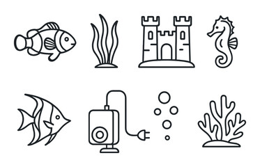 Aquarium silhouette icons set – marine, ocean life and undersea symbols in outline