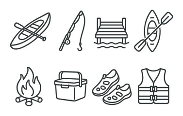 Lakeside leisure silhouette icons set – outline, outdoor and water activity symbols