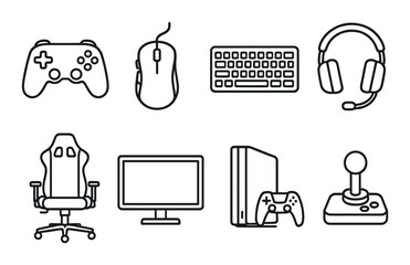 Gaming linear icons set – outline, video game and entertainment symbols
