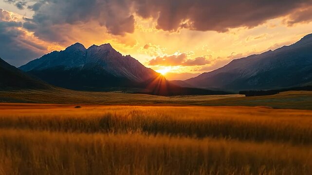 Golden Sunset over Mountain Valley Wheat Field