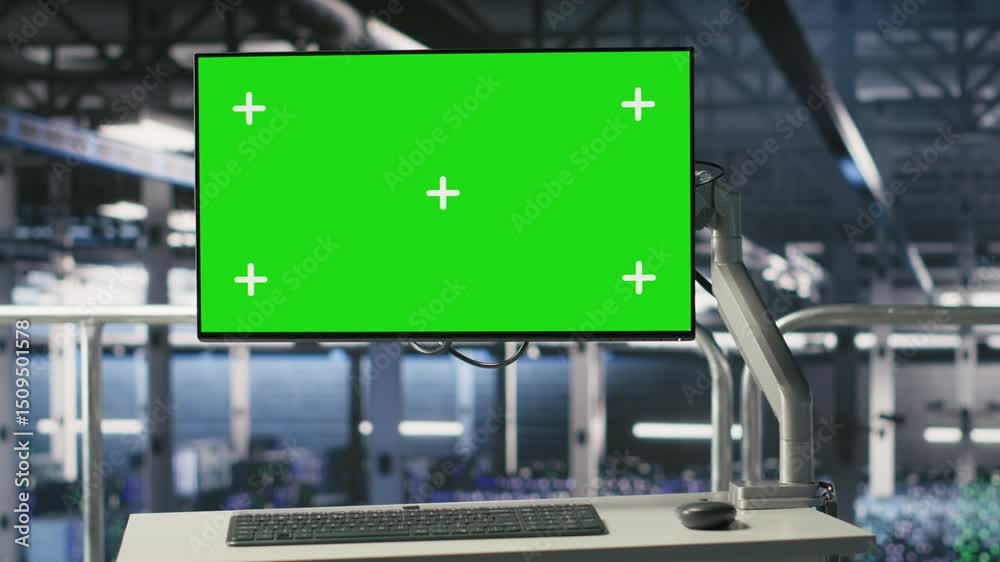 Poster green screen mockup monitor on data center industrial platform displaying hardware status. chroma ke